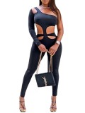 Women's Slim Fit Patchwork Solid Open Waist Off Shoulder Long Sleeve Tight Fitting Jumpsuit
