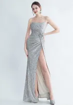 Fashion Pleated Sequin Flower Slit Elegant Straps Evening Dress