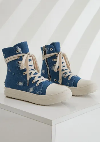Platform Canvas Shoes Women's Washed Couple High-Top Shoes Ripped Denim Style Trendy Shoes For Men