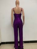 Deep V Neck Low Back Sleeveless Chic Sequined Straps Elegant Women's Party Jumpsuit