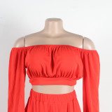 Fashion Solid Color Off Shoulder Lantern Sleeve Top High Waist Slit Skirt Two-Piece Set