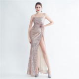 Fashion Pleated Sequin Flower Slit Elegant Straps Evening Dress