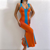 Spring And Summer Sexy Color Contrast Knitting Mid-Length Tight Fitting Sling Slit Color Matching Dress
