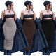 Women's Fashion Solid Color High Waist Elastic Tummy Control Patchwork Car Trim Maxi Dress