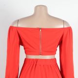 Fashion Solid Color Off Shoulder Lantern Sleeve Top High Waist Slit Skirt Two-Piece Set