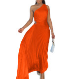 Summer Slim One Shoulder Hollow Pressed Pleated Dress Shiny African Dress