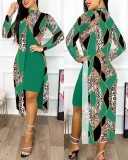 Ladies Fashion Chic Slit Print 2-Piece Dress Set