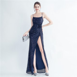 Fashion Pleated Sequin Flower Slit Elegant Straps Evening Dress