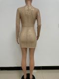 Deep V Sequins Ruffles Bodycon Dress Chic Fashion Slim Long-Sleeved Party Dress