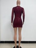 Deep V Sequins Ruffles Bodycon Dress Chic Fashion Slim Long-Sleeved Party Dress