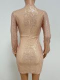 Women's Summer Deep V Pleats Bodycon Dress Chic Streamer Sequined Long-Sleeved Party Dress