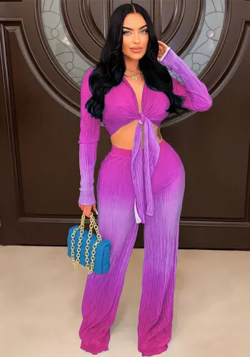 Women Gradient Color Deep V Long Sleeve Top and Trousers Two-Piece Set