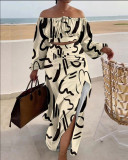 Fall Casual Print Off Shoulder Long Sleeve Slit Holidays Maxi Skirt Two-Piece Set