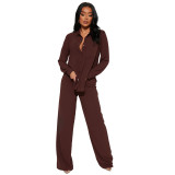 Women Casual Stretch Wash Ruffle Long Sleeve Top and Pant Two-Piece Set
