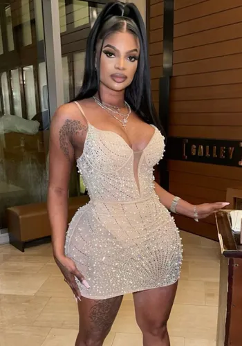Women Solid Beaded Mesh Sleeveless Dress