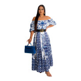 Women Blue and White Porcelain Print Short Sleeve Dress
