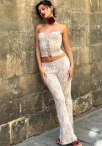 Women Summer Elegance Embossed Laminated Lace Up Crop Top And Pant Two-Piece Set