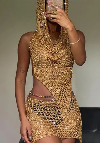 Summer Women Sexy Hollow Sequins Top and Bodycon Skirt Two-piece Set