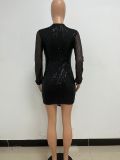 Women's Summer Deep V Pleats Bodycon Dress Chic Streamer Sequined Long-Sleeved Party Dress