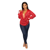 Women's Deep V Pleated Loose Ladies Chic Sequin Long Sleeve Shirt