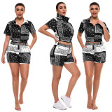 Women Summer Loose Vintage Print Top and Shorts Casual Two-Piece Set