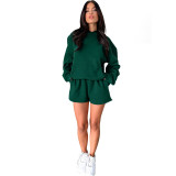 WomenSolid Long Sleeve Hoodies and Casual Shorts Two-Piece Set
