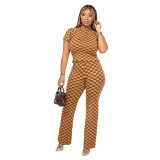 Women Spring Print Plaid Crop Top and Pant Two-Piece Set