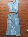 Women Casual Fashion Denim Top and Slit Skirt Two-Piece Set