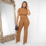 Women Spring Print Plaid Crop Top and Pant Two-Piece Set
