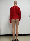 Women's Deep V Pleated Loose Ladies Chic Sequin Long Sleeve Shirt