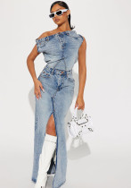 Женский повседневный модный джинсовый топ и юбка с разрезом из двух частей
