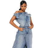 Women Casual Fashion Denim Top and Slit Skirt Two-Piece Set