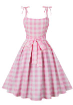 Women Summer Check Strap Sweet Bow Lace-Up Dress