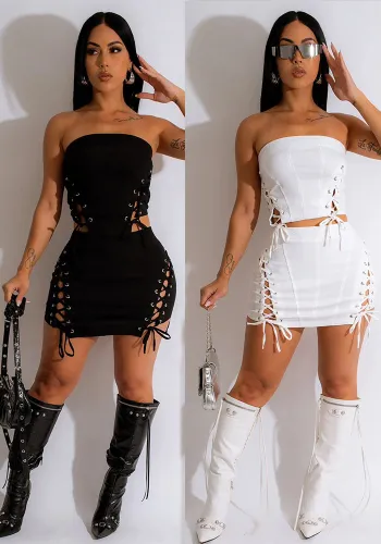 Ladies Solid Color Rope Zipper Sleeveless Skirt Two-Piece Set