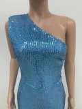Women's Sleeveless One Shoulder Low Back Sequined Jumpsuit