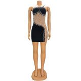 Autumn and winter women's sexy Tight Fitting sling mesh Beaded dress