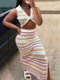 Summer Women's Sexy Contrasting Color Tank Top Slit Skirt Casual Two-Piece Set