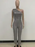 Women's Sleeveless One Shoulder Low Back Sequined Jumpsuit