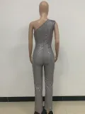 Women's Sleeveless One Shoulder Low Back Sequined Jumpsuit