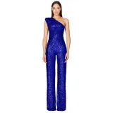 Women's Sleeveless One Shoulder Low Back Sequined Jumpsuit