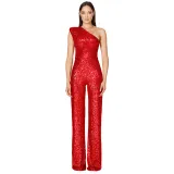 Women's Sleeveless One Shoulder Low Back Sequined Jumpsuit