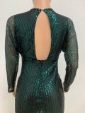 Women's deep v pleated long-sleeved summer high-quality Bodycon Low Back sequined dress