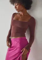 Women's Long Sleeve Solid Crop Square Neck T-Shirt