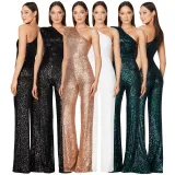 Women's Sleeveless One Shoulder Low Back Sequined Jumpsuit