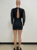 Women's deep v pleated long-sleeved summer high-quality Bodycon Low Back sequined dress