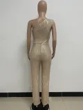 Women's Sleeveless One Shoulder Low Back Sequined Jumpsuit