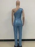 Women's Sleeveless One Shoulder Low Back Sequined Jumpsuit