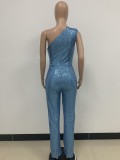 Women's Sleeveless One Shoulder Low Back Sequined Jumpsuit