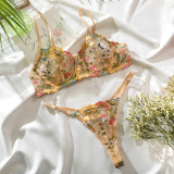 Sexy Lingerie Embroidered Flower Basic Versatile See-Through Sexy Two-piece Set