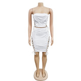 Ladies Solid Color Rope Zipper Sleeveless Skirt Two-Piece Set